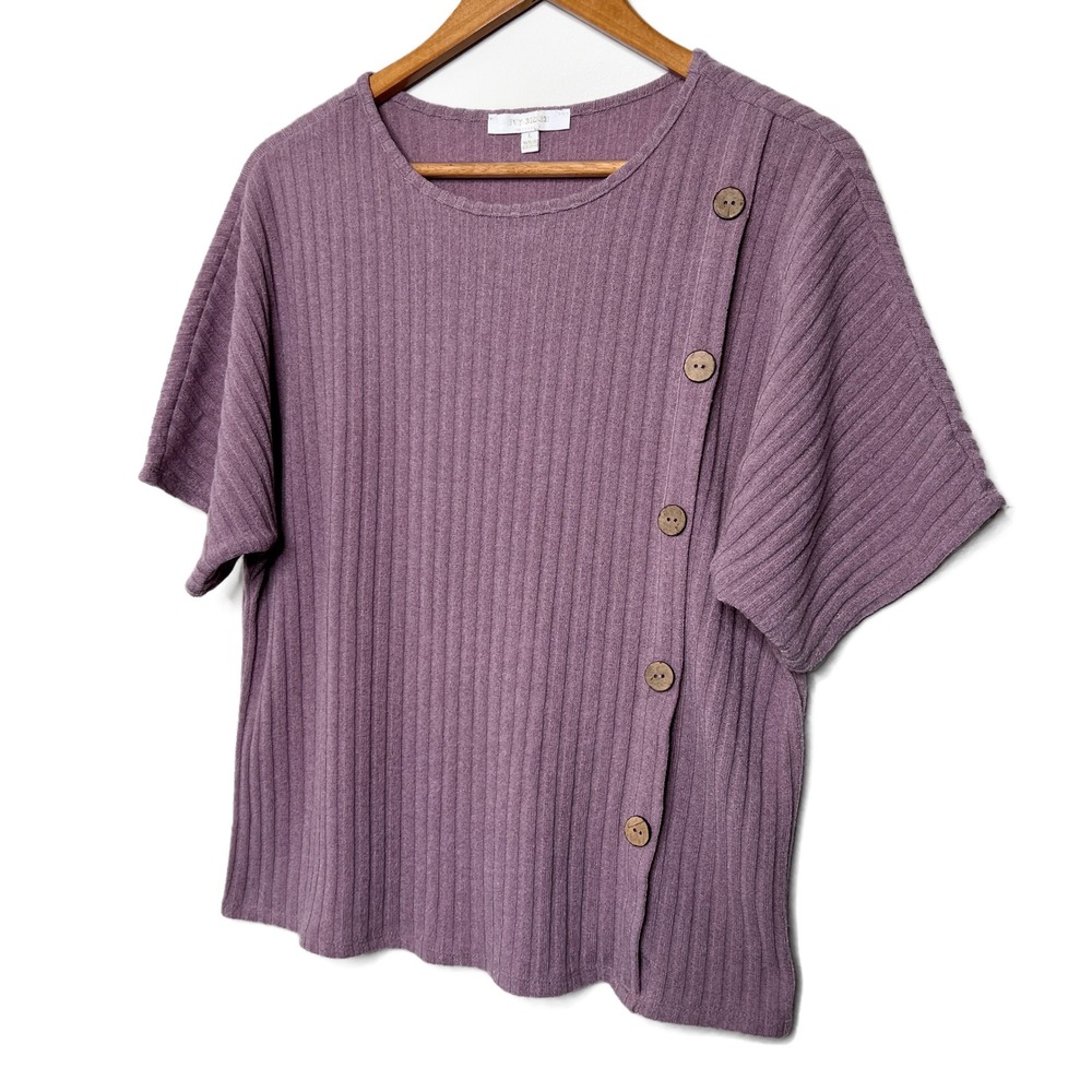 IVY.RIDGE Purple Ribbed Knit Dolman Sleeve Asymmetrical Button Top Women's Large - Picture 2 of 16
